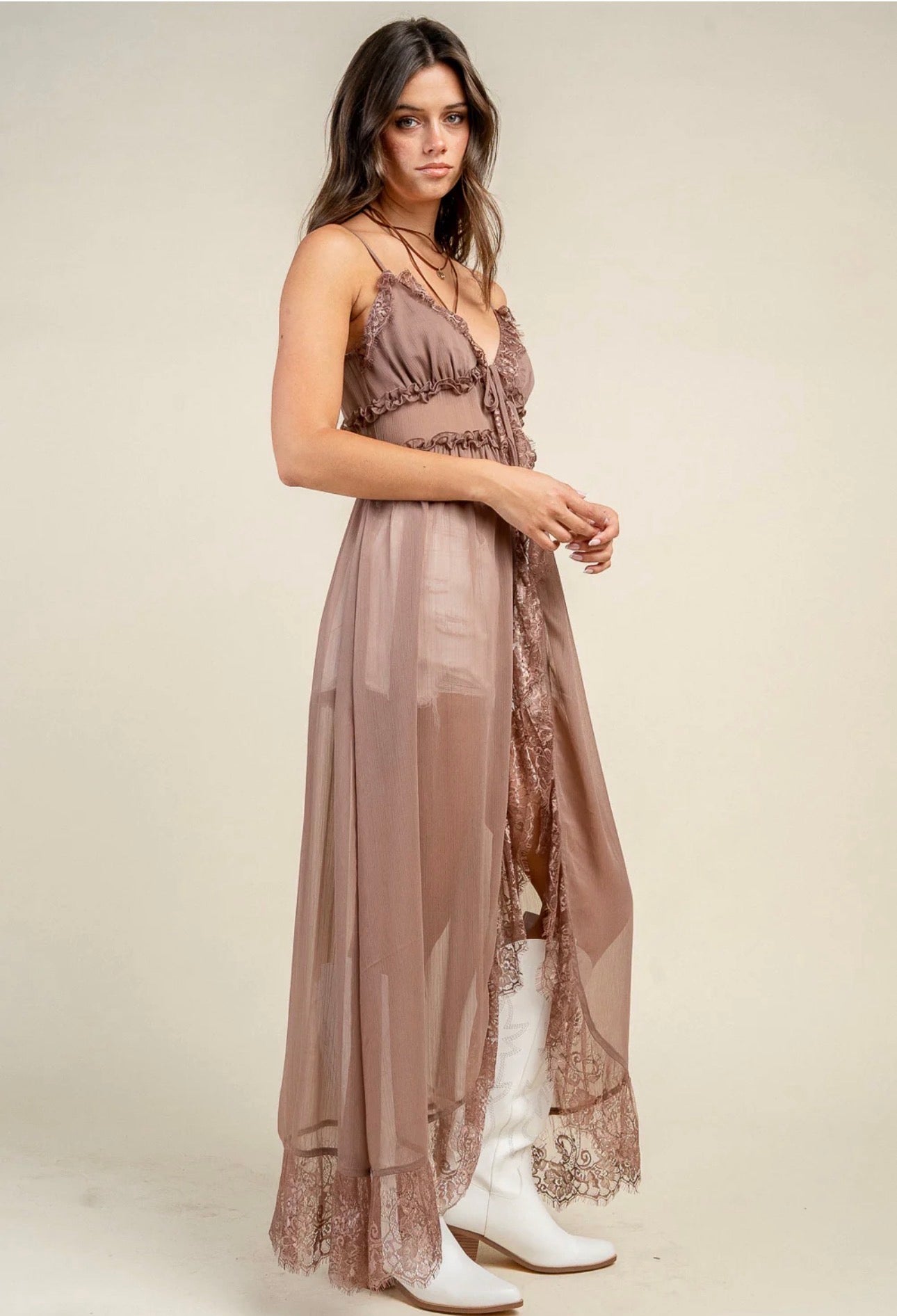 Mushroom Lace Sheer Ruffle Maxi Duster Cardigan Spaghetti Strap