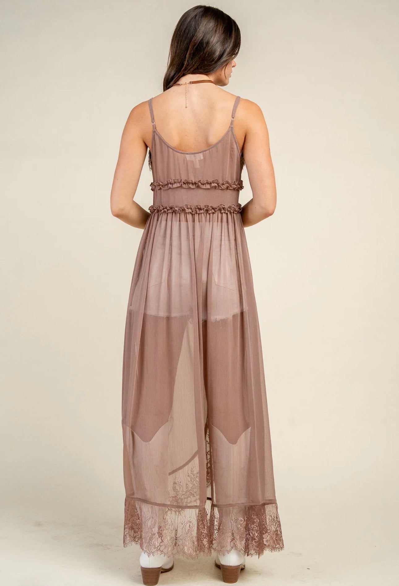 Mushroom Lace Sheer Ruffle Maxi  Duster Cardigan Spaghetti Strap