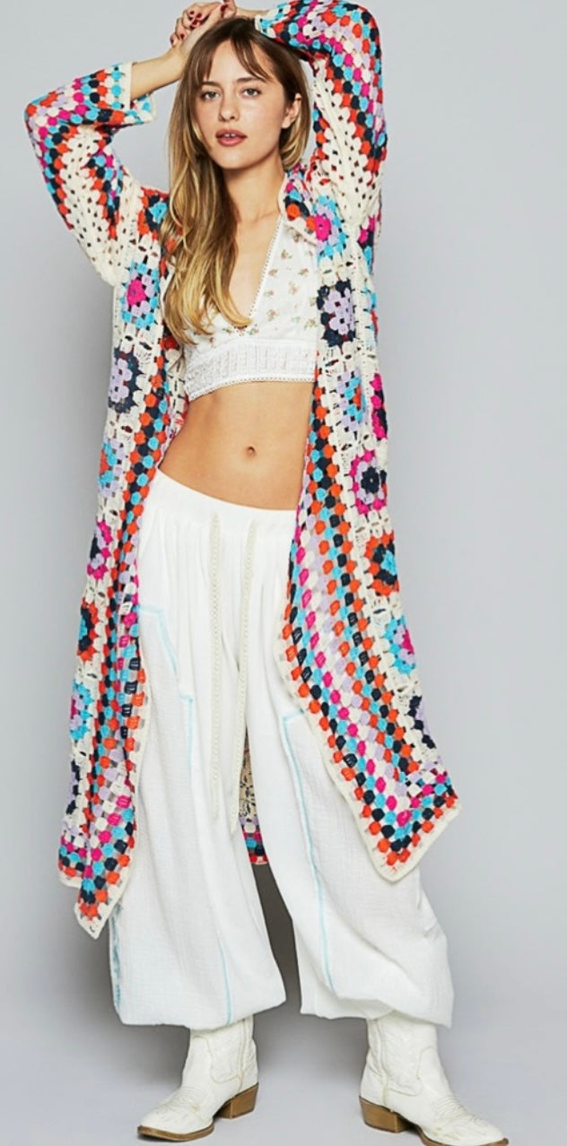 POL Granny Square Crochet Multicolor Bohemian Maxi Cardigan