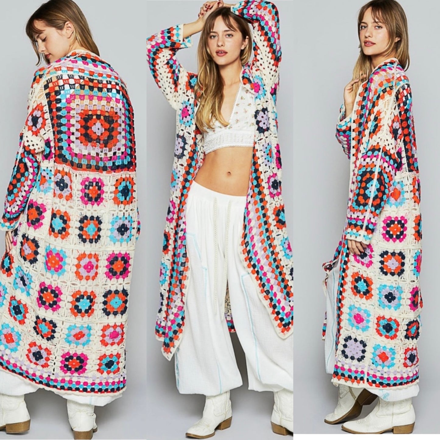 POL Granny Square Crochet Multicolor Bohemian Maxi Cardigan