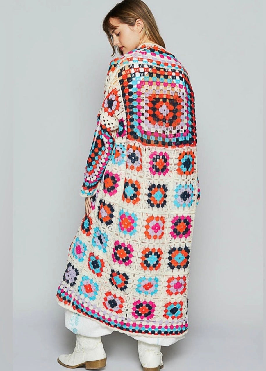 POL Granny Square Crochet Multicolor Bohemian Maxi Cardigan